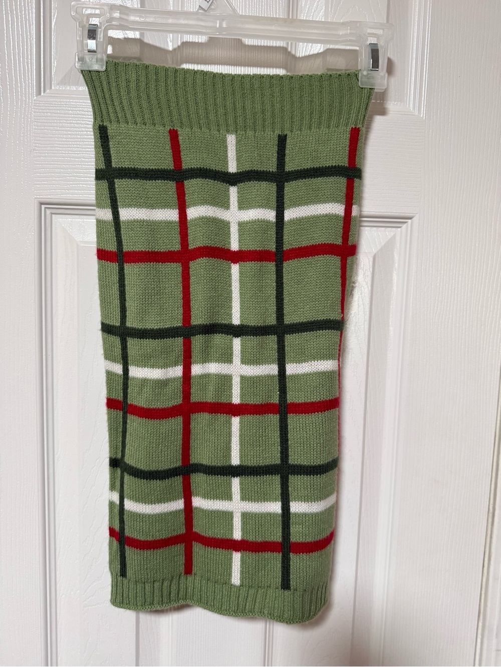 Green Plaid Knit Dog Sweater with Red & White Accents